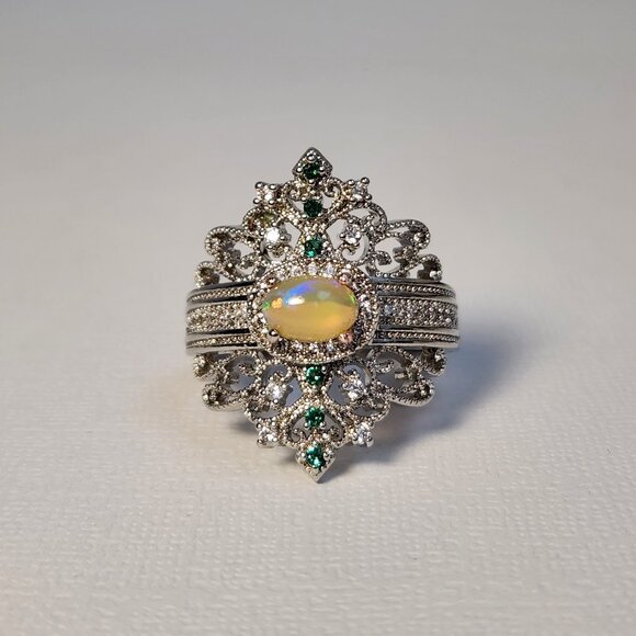 NIB 925 Art Deco Natural Opal & Tsavorite Accent Ornate Scroll Ring Sz 8.5 - Picture 6 of 12